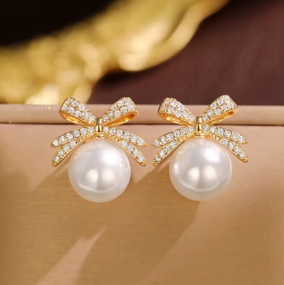 Rhinestone Pearl Bow Earrings - Picture 5 of 5